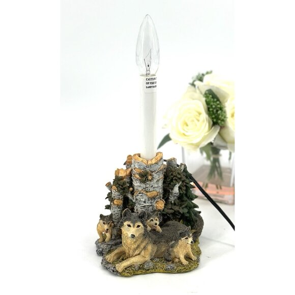 Cabin Theme Wolf Accent Table Lamp WolvesPups Birch Trees Woods Detailed Resin - Picture 2 of 15